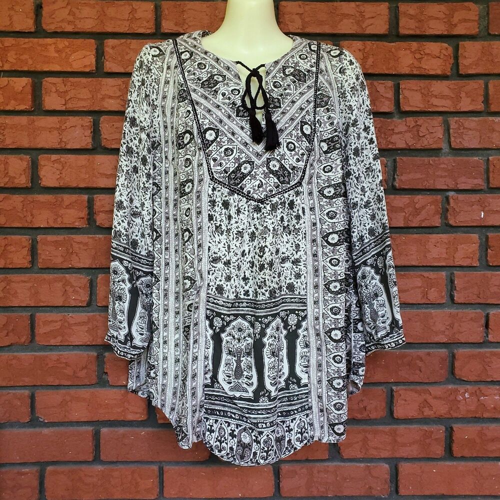 Black White Gray Peasant Top Size S 3/4 Sleeve Floral Blouse Tassel Tie Boho